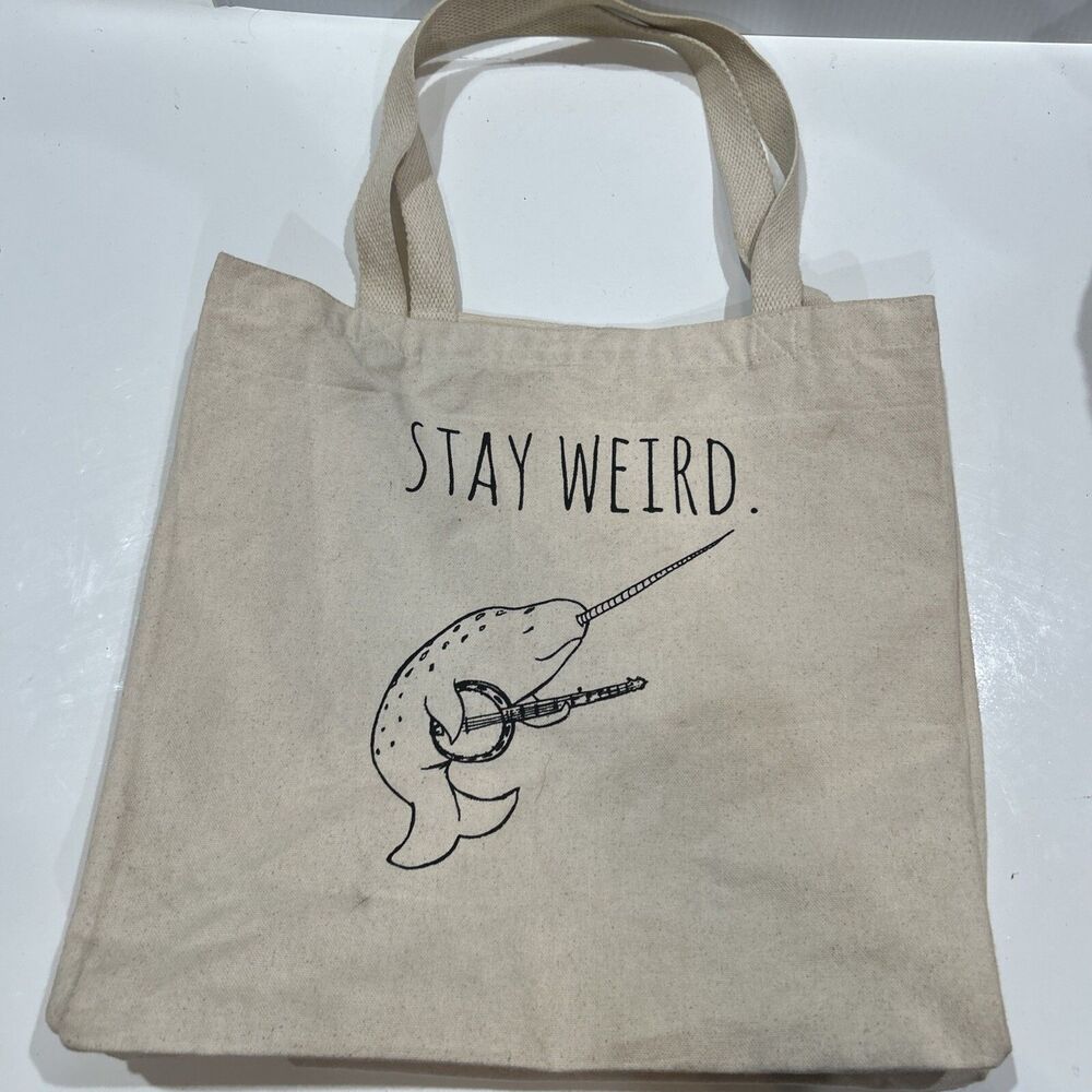 Stay Weird Tote Book Shopping Carry All Bag Narwhal Playing a Banjo